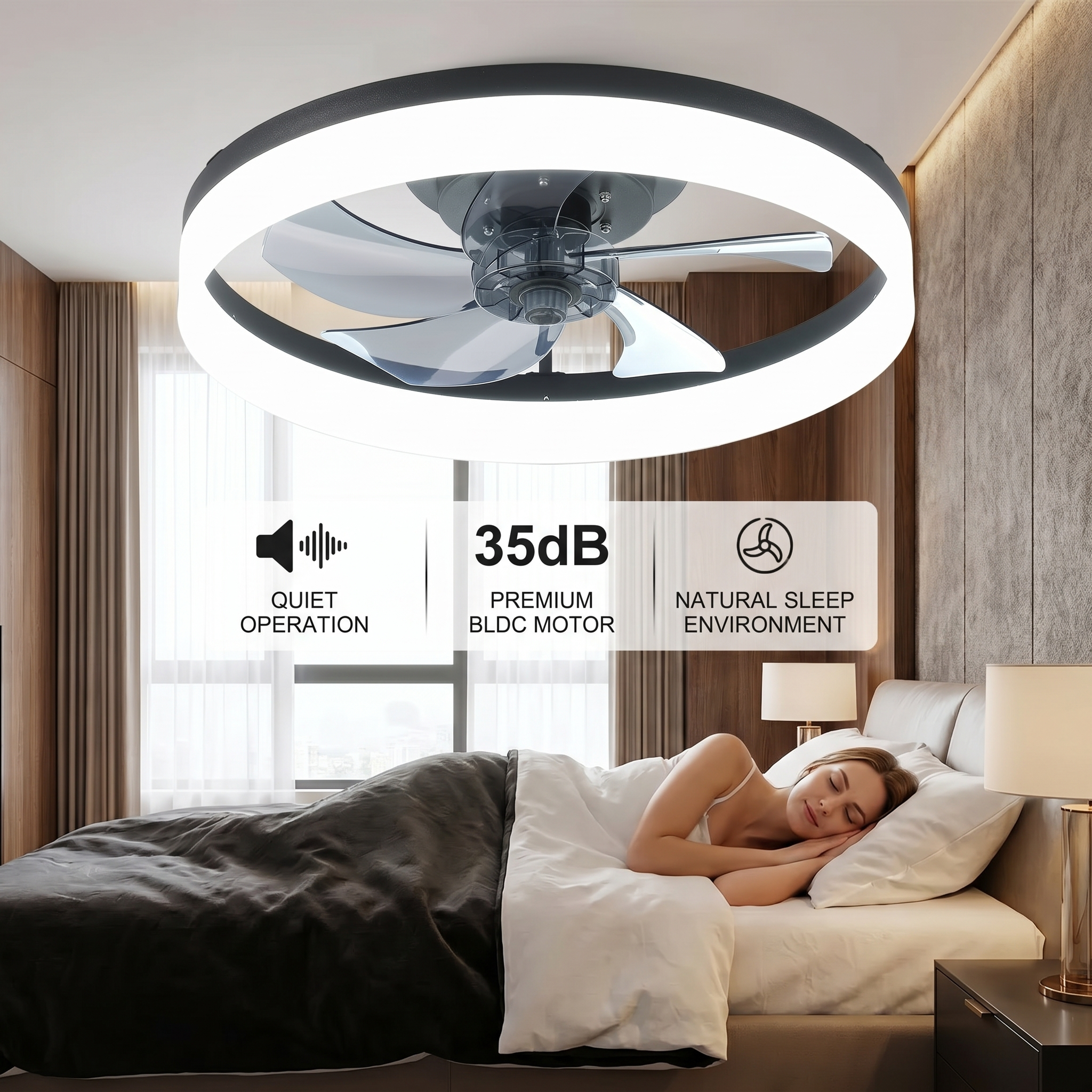 Sfeerco Aria ceiling fan light showing 35dB quiet operation premium BLDC motor and natural sleep environment in bedroom setting