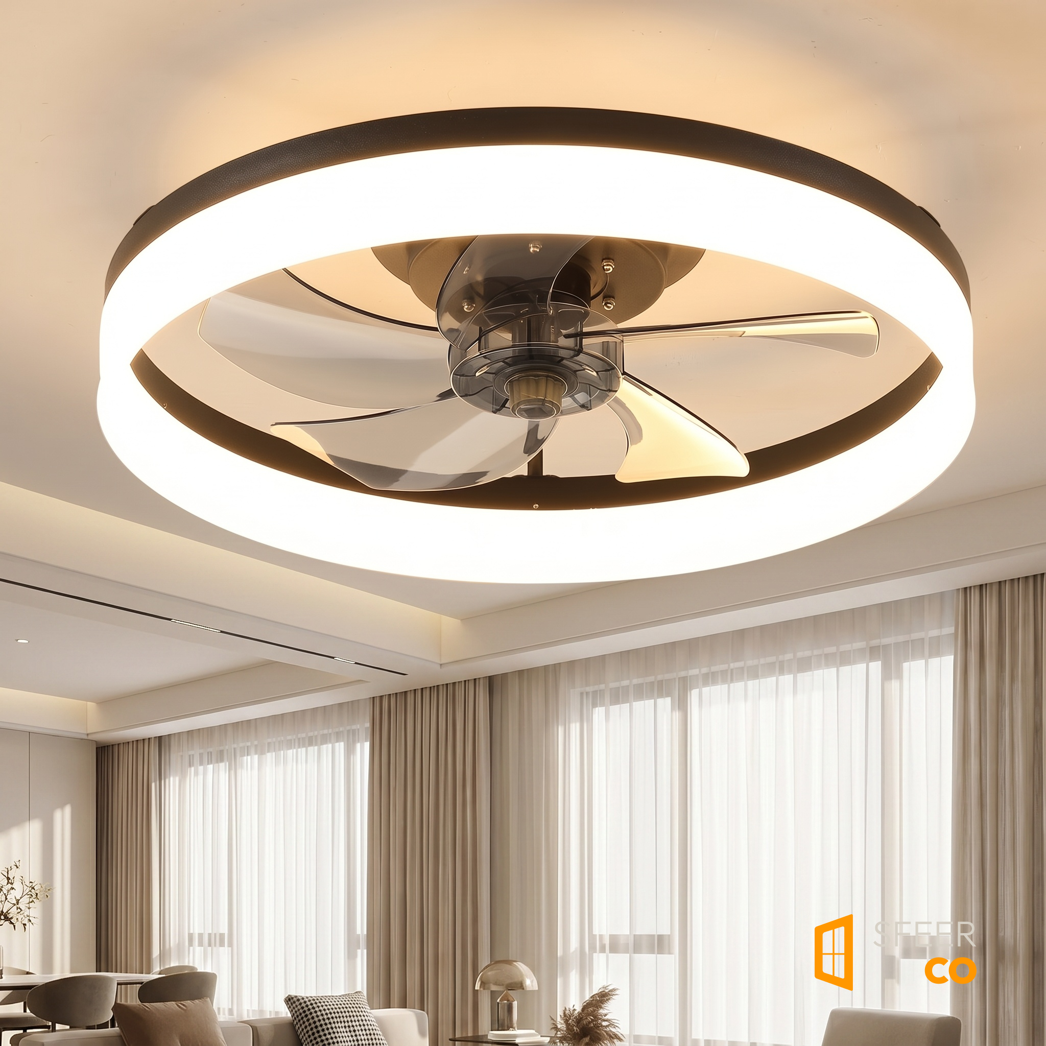 Sfeerco Aria 20-inch flush mount LED ceiling light with fan installed in bright modern living room with warm ambient lighting