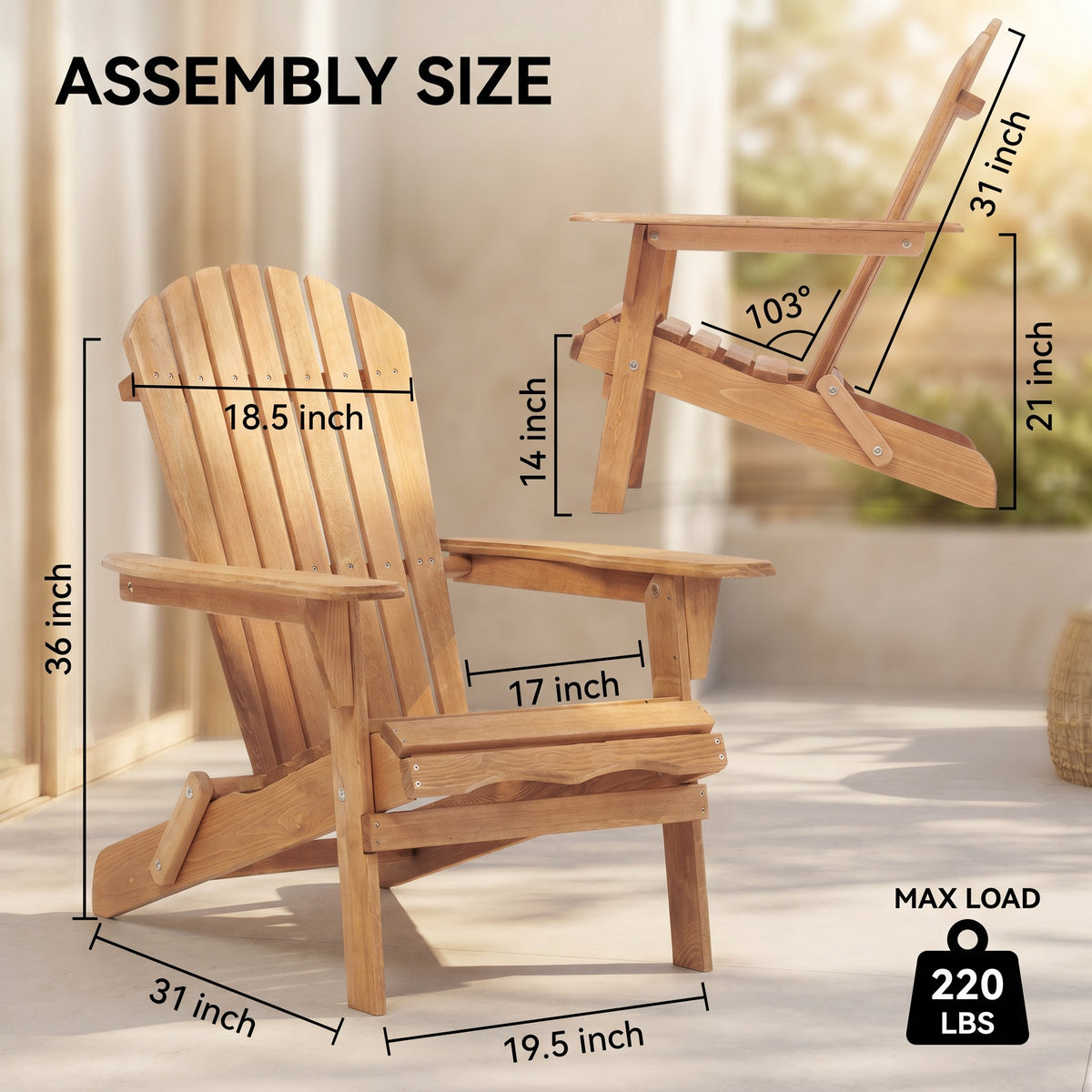Assembly size diagram of Sfeerco Aspen Adirondack chair showing dimensions and 220 lbs max load capacity