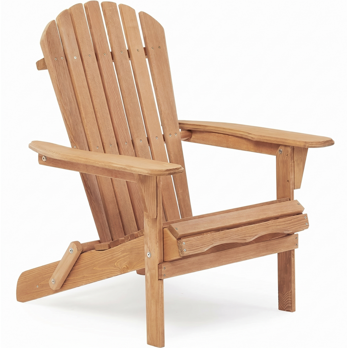 Side view of Sfeerco Aspen solid hemlock wood folding Adirondack chair showing high backrest and wide armrests
