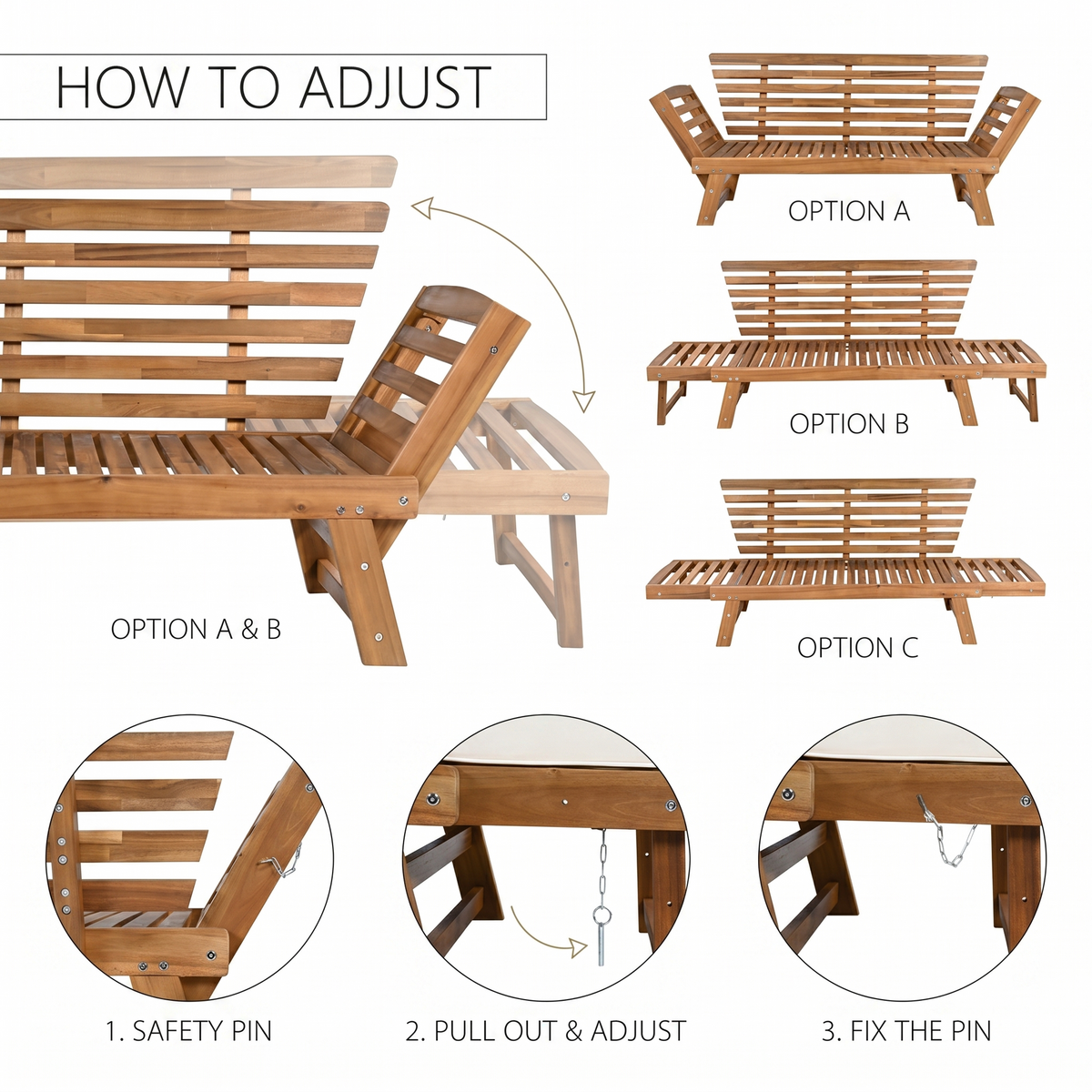 How to adjust diagram showing multiple recline positions of Sfeerco Brisa outdoor wooden chaise lounge