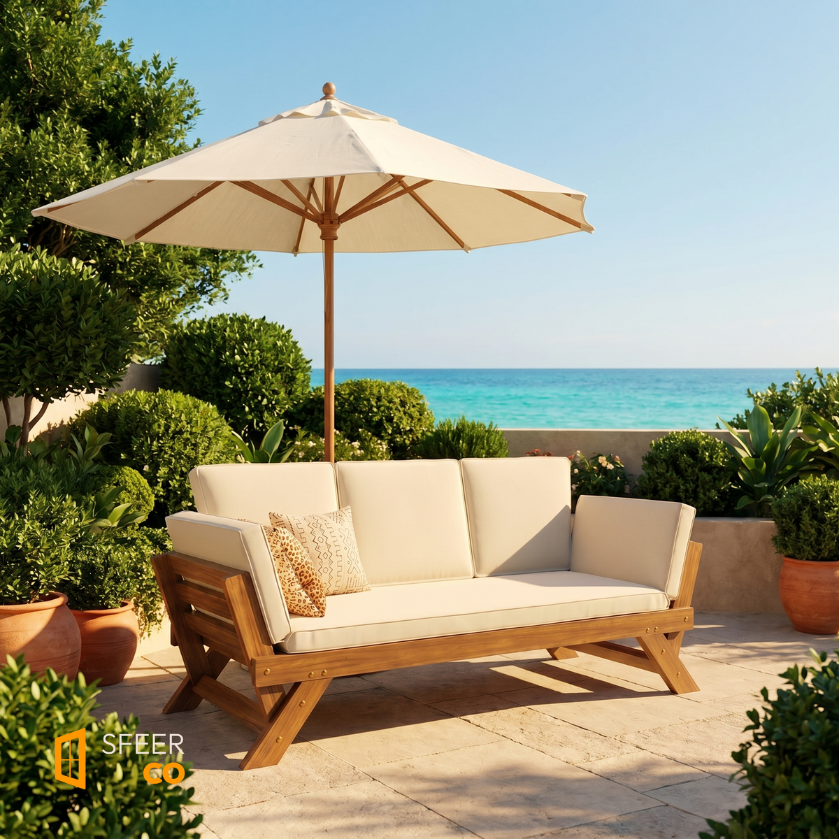 Sfeerco Brisa wooden outdoor sofa lounge styled on coastal patio with umbrella and ocean view