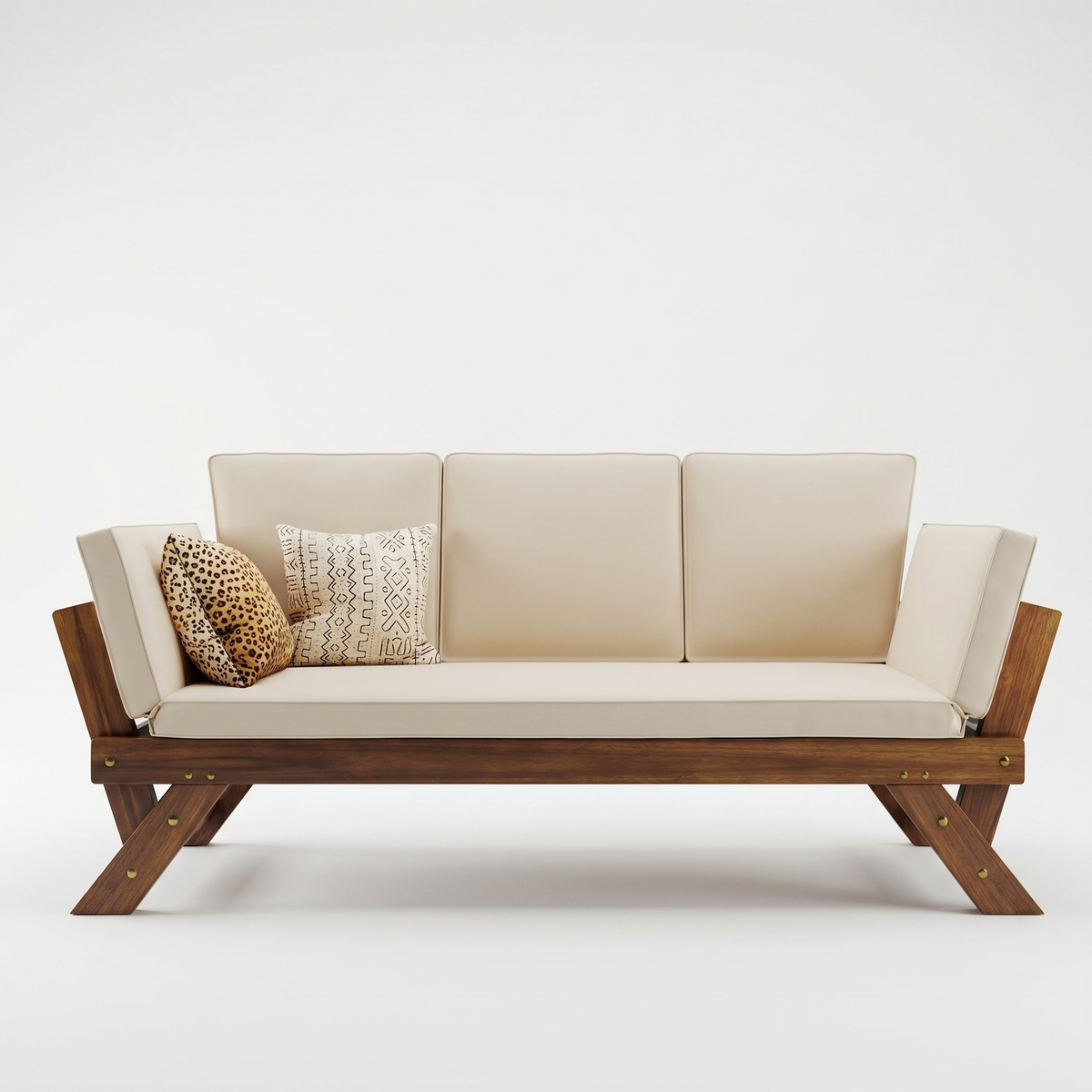 Sfeerco Brisa outdoor solid wood chaise lounge sofa with beige cushions and decorative pillow on white background