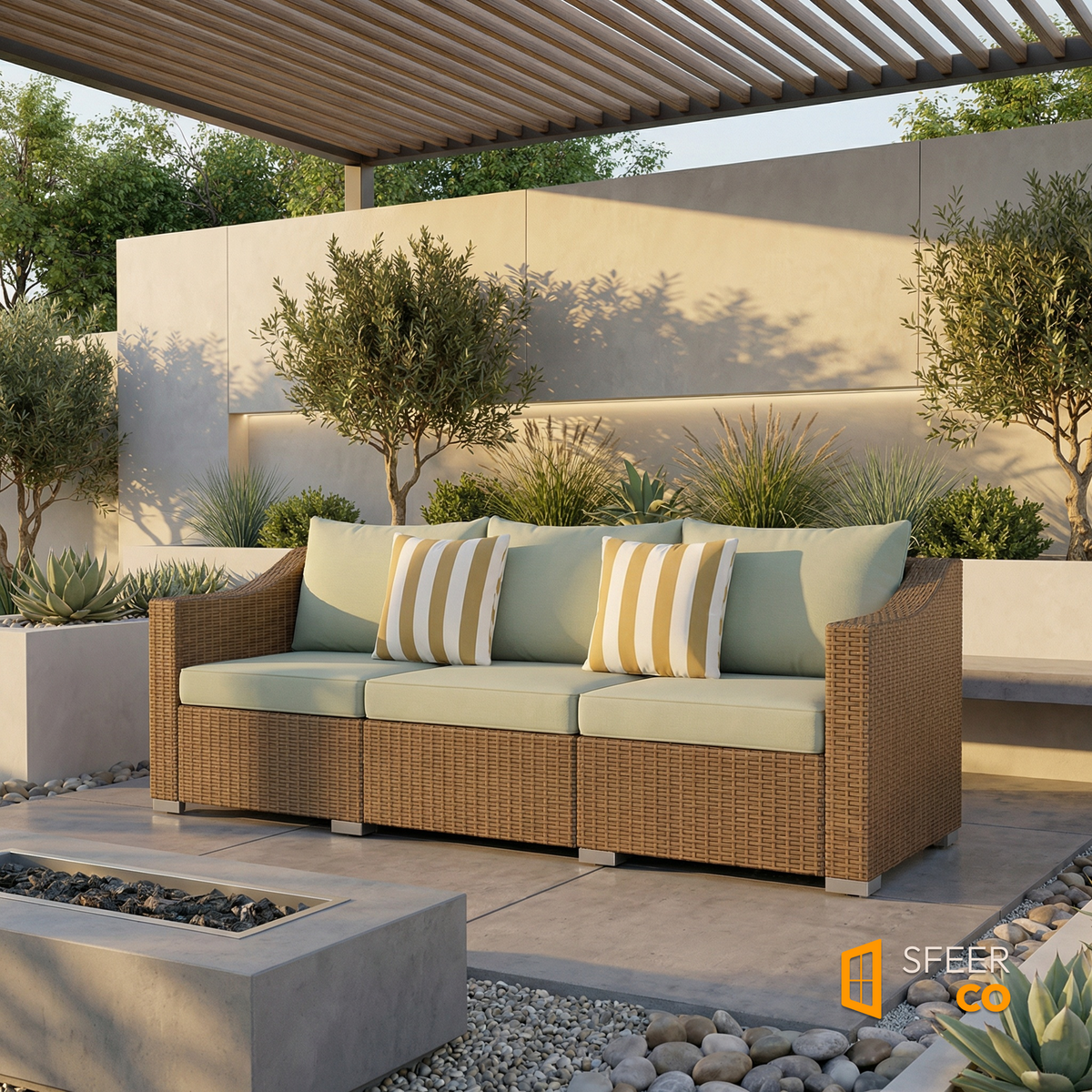 Sfeerco Bryne outdoor wicker 3-seater patio sofa with sage cushions and striped pillows under pergola