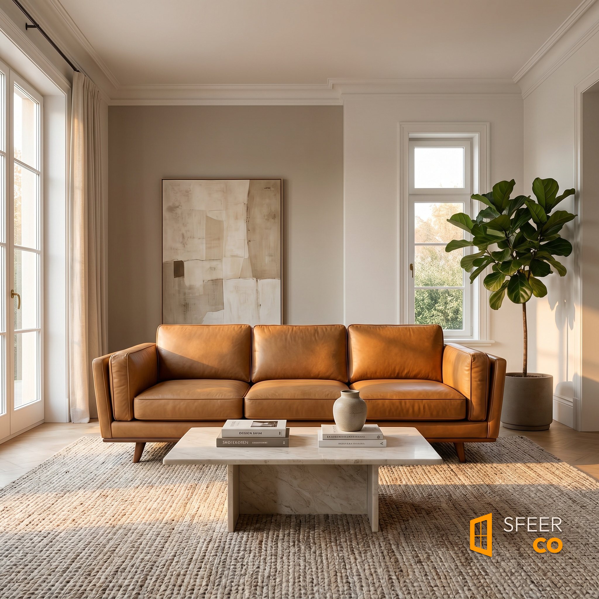 Sfeerco Caldo genuine leather sofa in bright contemporary living room with natural light and marble coffee table