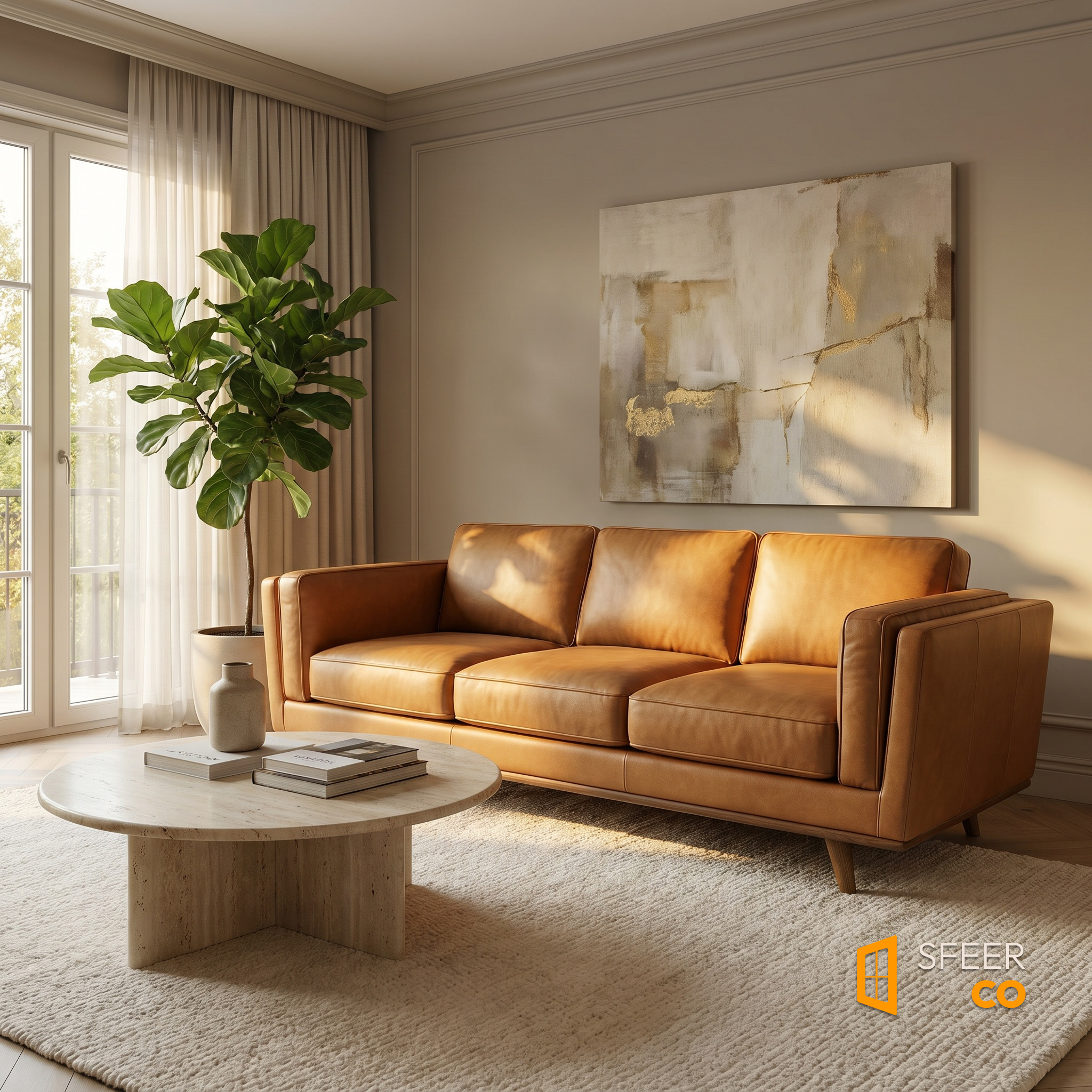 Sfeerco Caldo tan leather sofa styled in warm mid-century modern living room with plants and coffee table