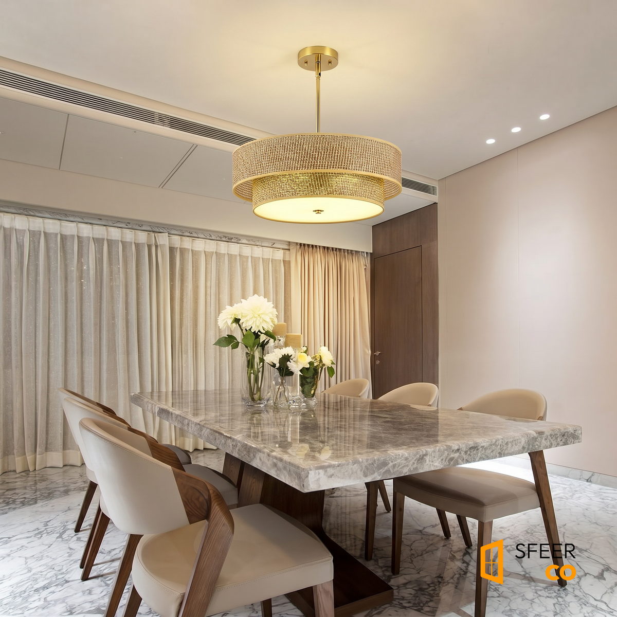 Sfeerco Cana woven rattan pendant light above dining table in modern warm interior