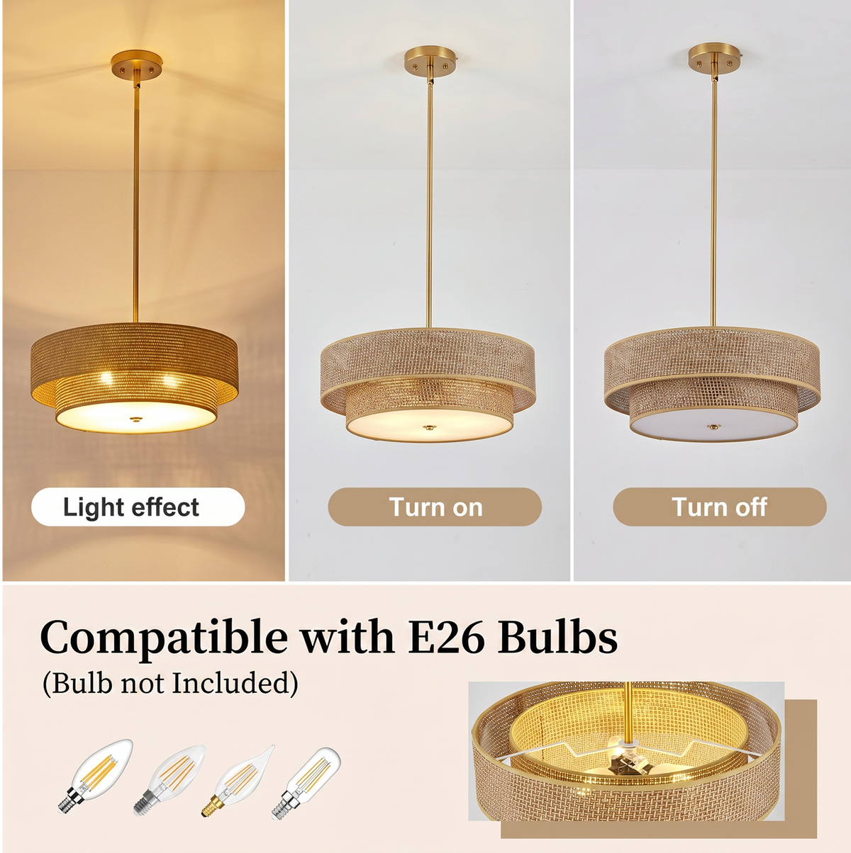Sfeerco Cana pendant light effect showing warm glow compatible with E26 bulbs bulb not included