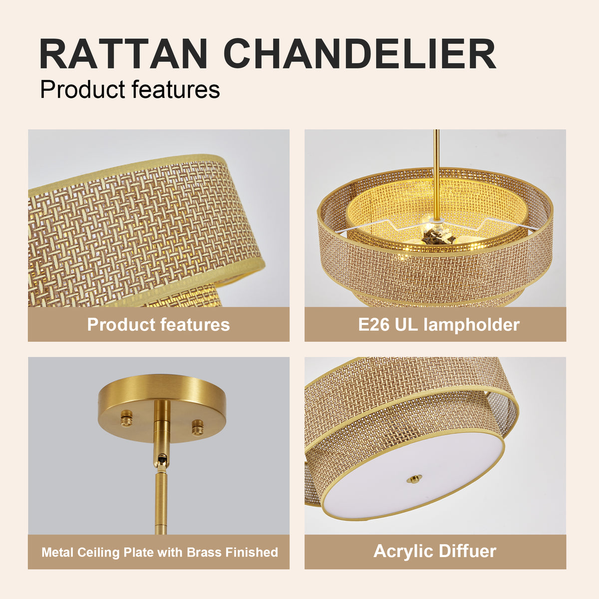 Sfeerco Cana rattan chandelier product features showing E26 lampholder brass canopy and acrylic diffuser