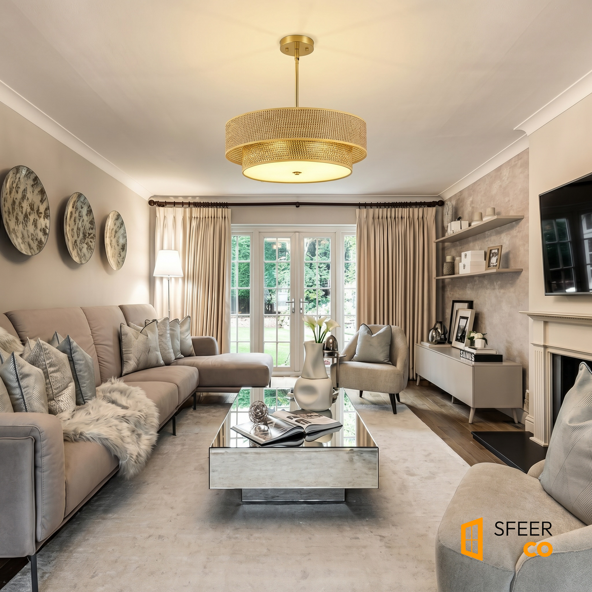 Sfeerco Cana brass rattan chandelier in elegant living room with neutral tones