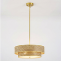 Sfeerco Cana rattan chandelier hanging view from above showing brass canopy and suspension rod
