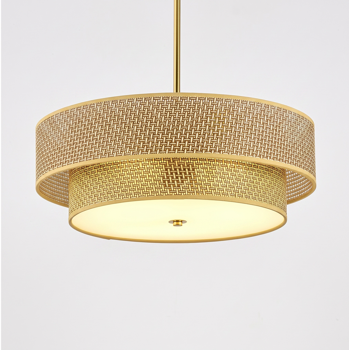 Sfeerco Cana 17.7 inch woven rattan drum pendant light brass finish on white background