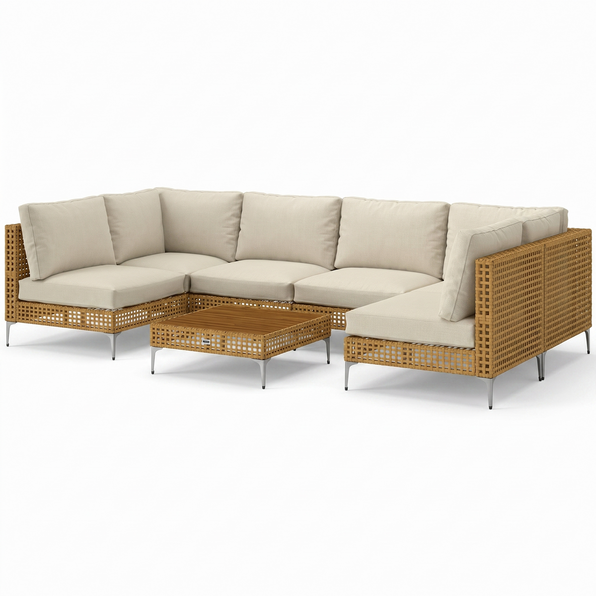 Sfeerco Capri 7-piece outdoor rattan L-shaped sectional sofa set with beige cushions and acacia wood table on white background