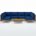 Sfeerco Capri 7-piece outdoor rattan sectional sofa set with navy blue cushions and acacia wood table