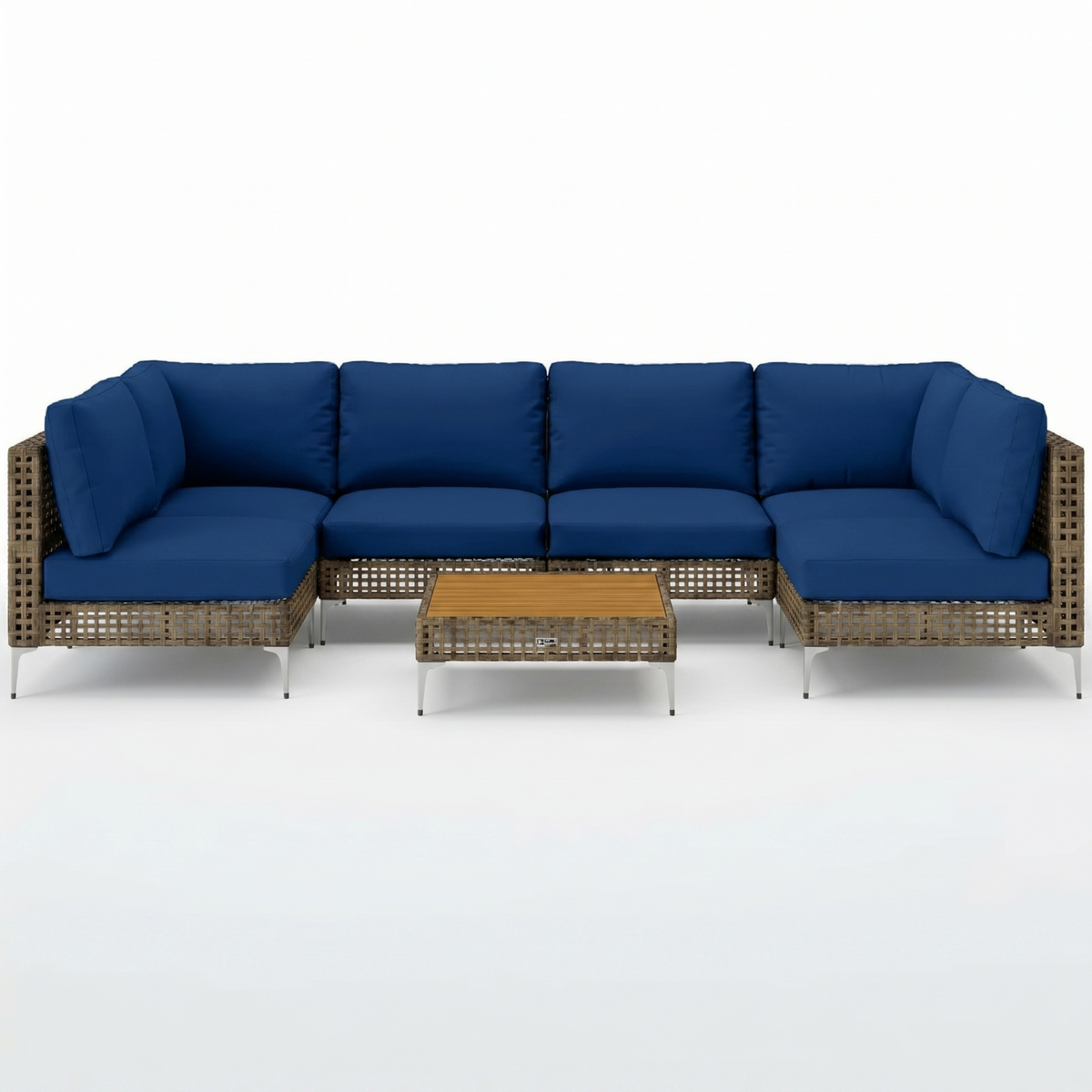 Sfeerco Capri 7-piece outdoor rattan sectional sofa set with navy blue cushions and acacia wood table