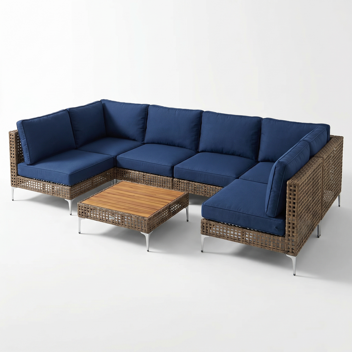Angled view of Sfeerco Capri outdoor modular sofa set with navy cushions showing corner and single chair configuration