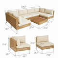 Product dimensions diagram of Sfeerco Capri 7-piece outdoor rattan sectional sofa set with corner and single chair measurements