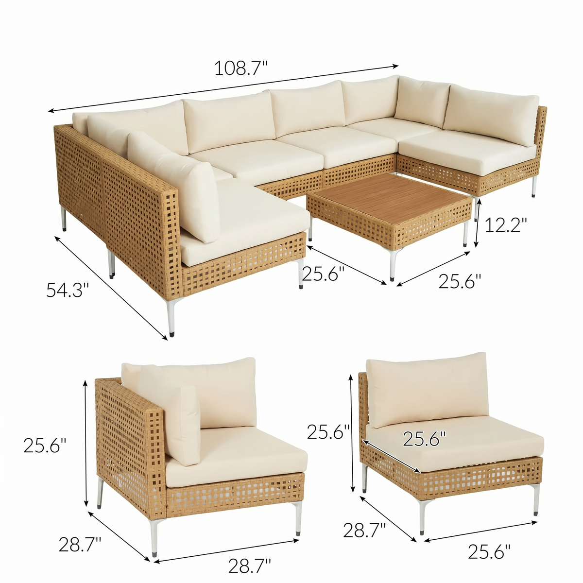 Product dimensions diagram of Sfeerco Capri 7-piece outdoor rattan sectional sofa set with corner and single chair measurements