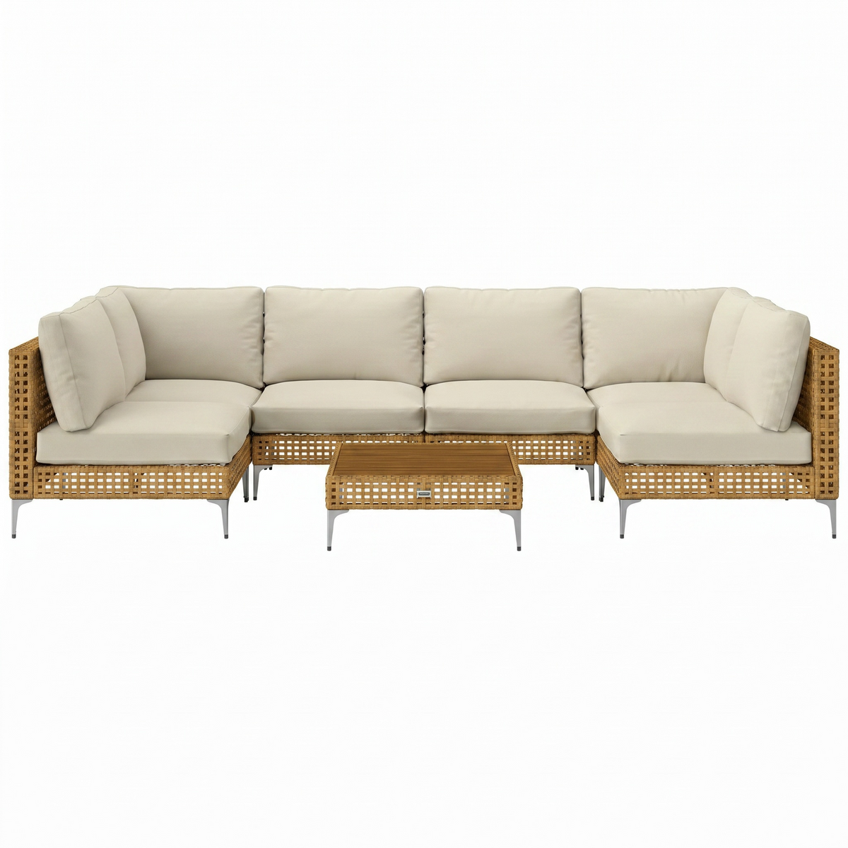 Full view of Sfeerco Capri outdoor modular sectional sofa set in beige with natural wicker frame