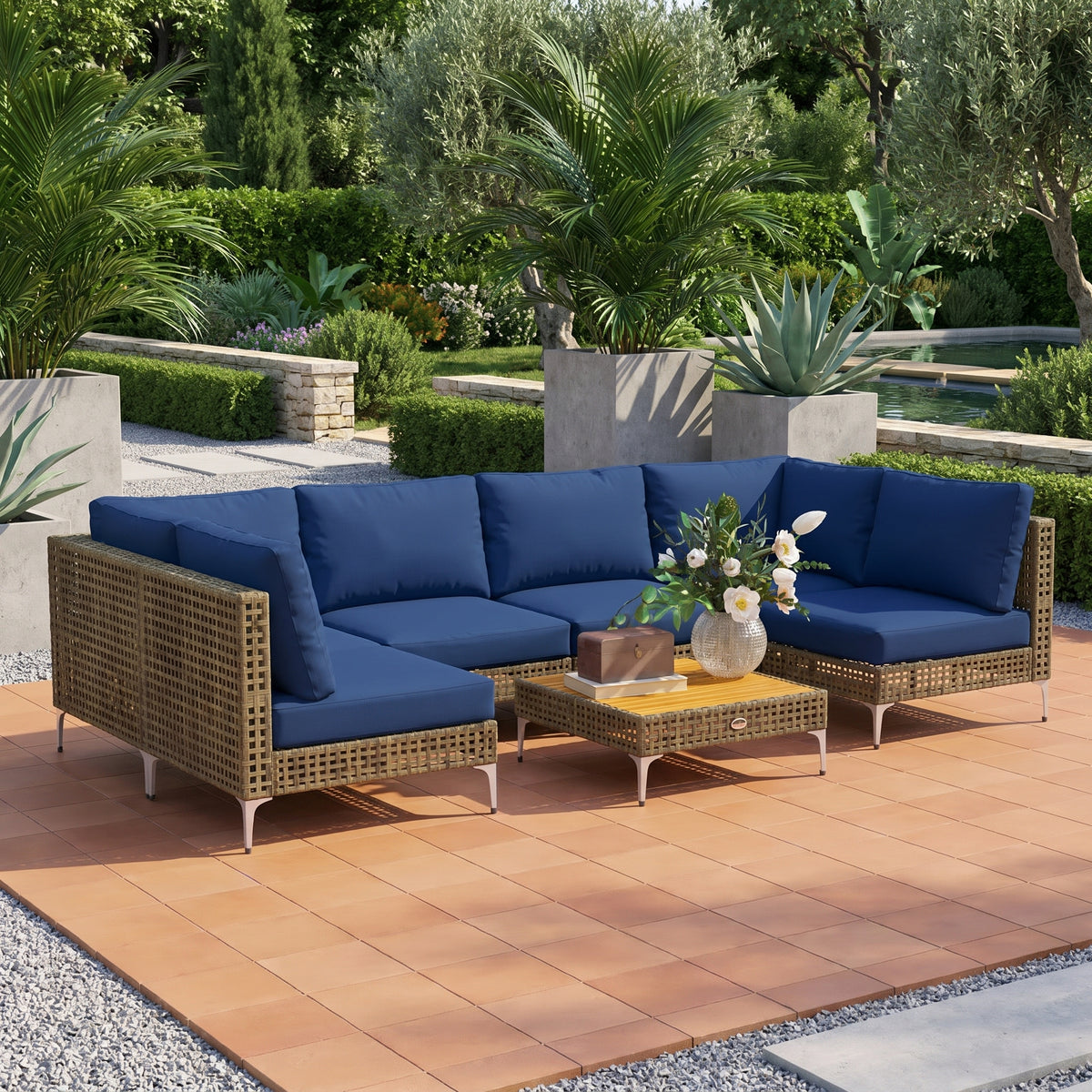 Sfeerco Capri beige outdoor sectional sofa set on elegant garden terrace with landscaping