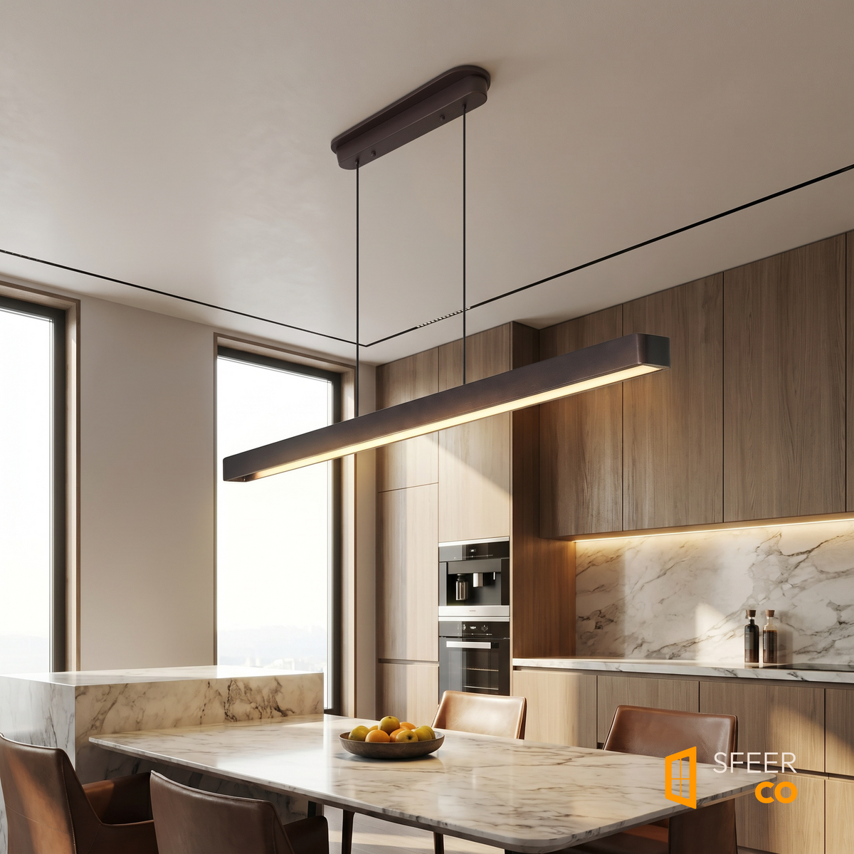 Sfeerco Casto walnut wood pendant light hanging above marble dining table in neutral modern interior