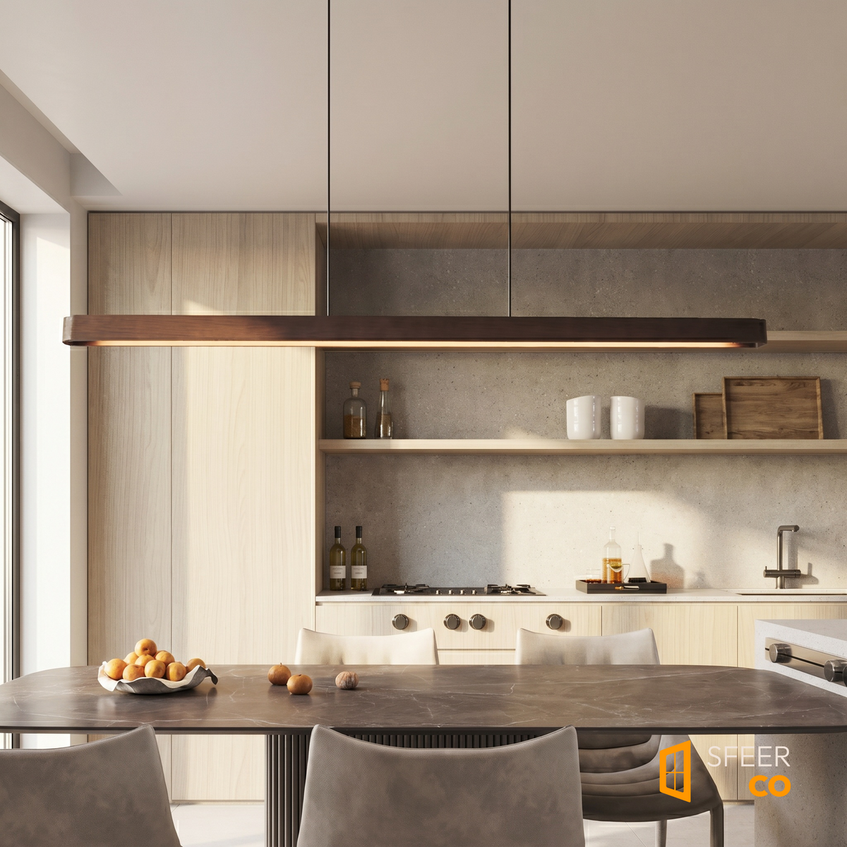 Comparison infographic showing Sfeerco Casto premium solid black walnut top plate and integrated LED vs standard metal frame and traditional bulb designs