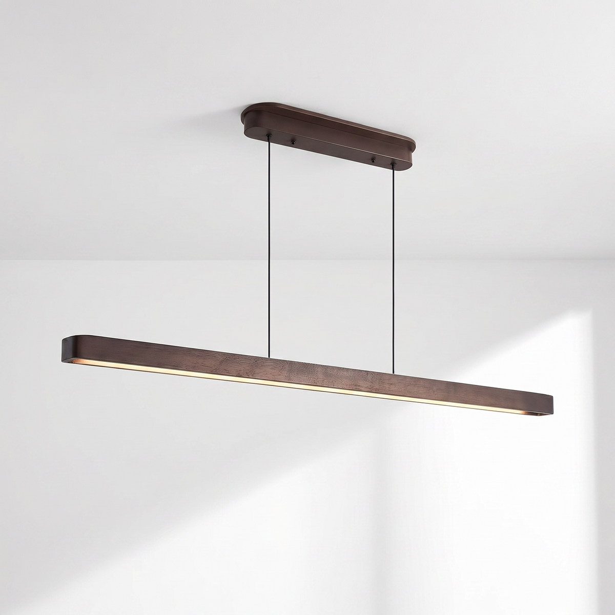 Sfeerco Casto 51-inch walnut wood LED pendant light in black walnut finish on white background
