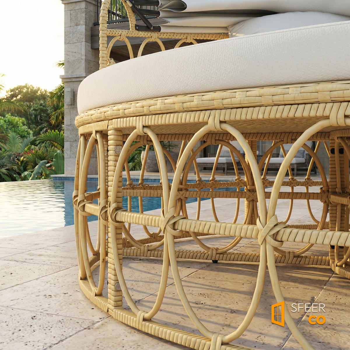 Sfeerco Coco handwoven hollow wicker rattan frame detail natural outdoor daybed