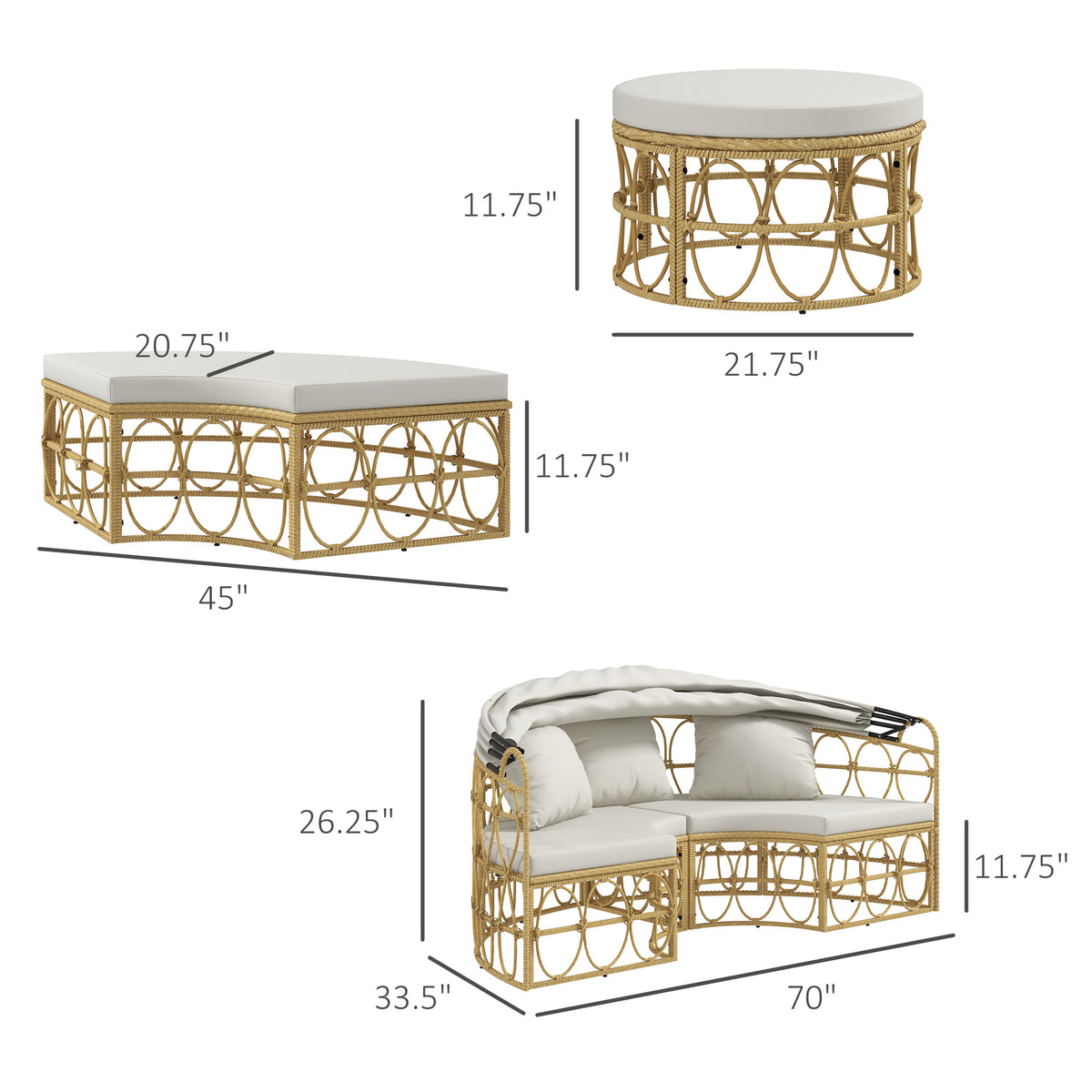 Sfeerco Coco hollow wicker daybed dimensions size guide sofa chair table measurements