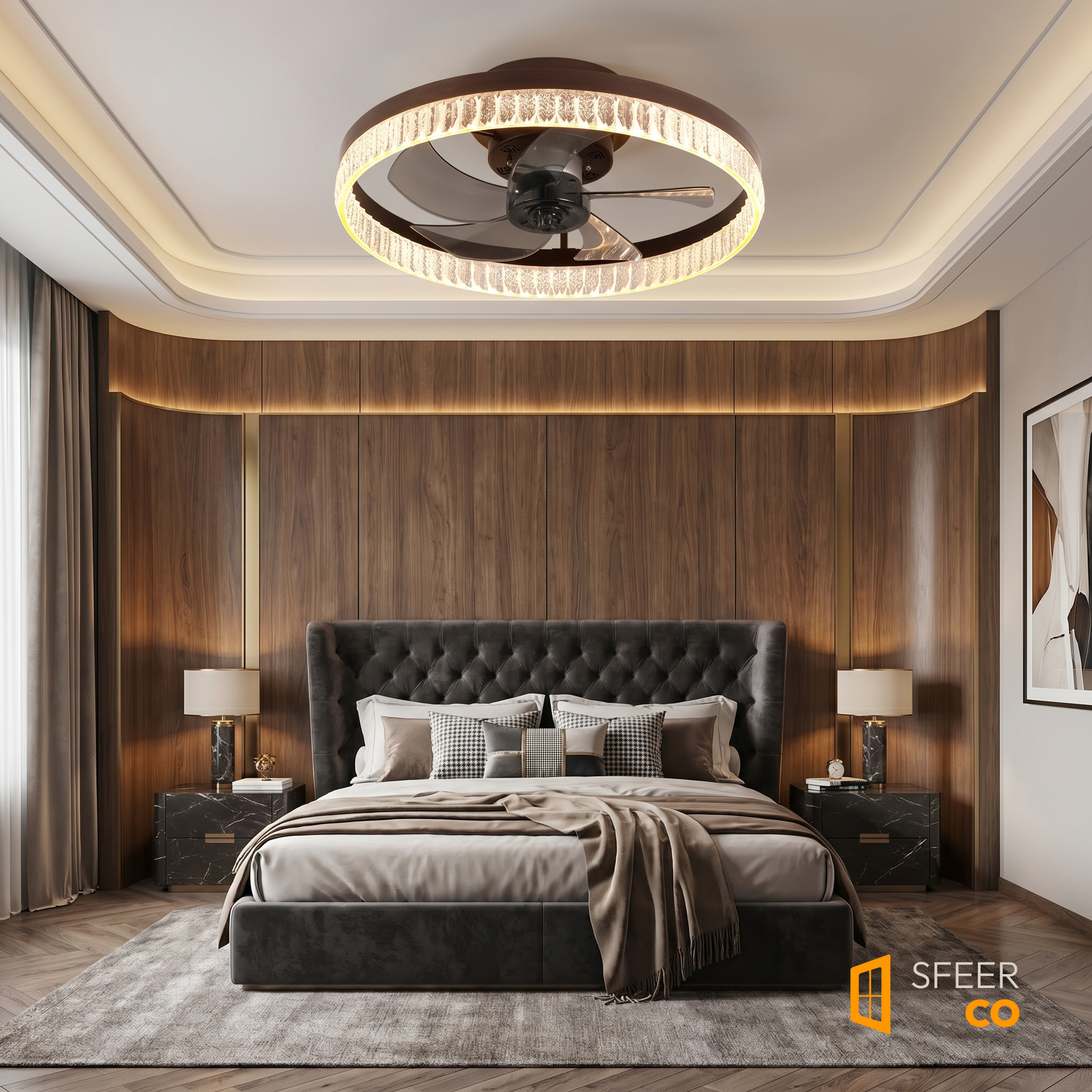 Sfeerco Cristal flush mount crystal ceiling fan light in dark luxury bedroom with warm ambient glow