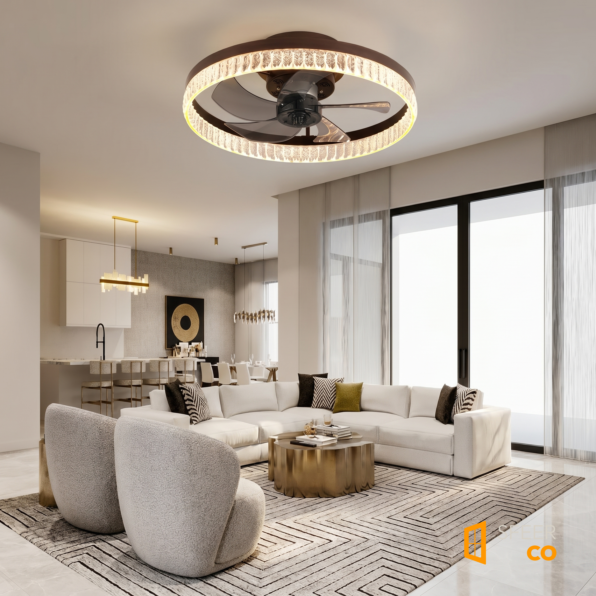 Sfeerco Cristal LED ceiling fan light installed in bright contemporary living room with natural light