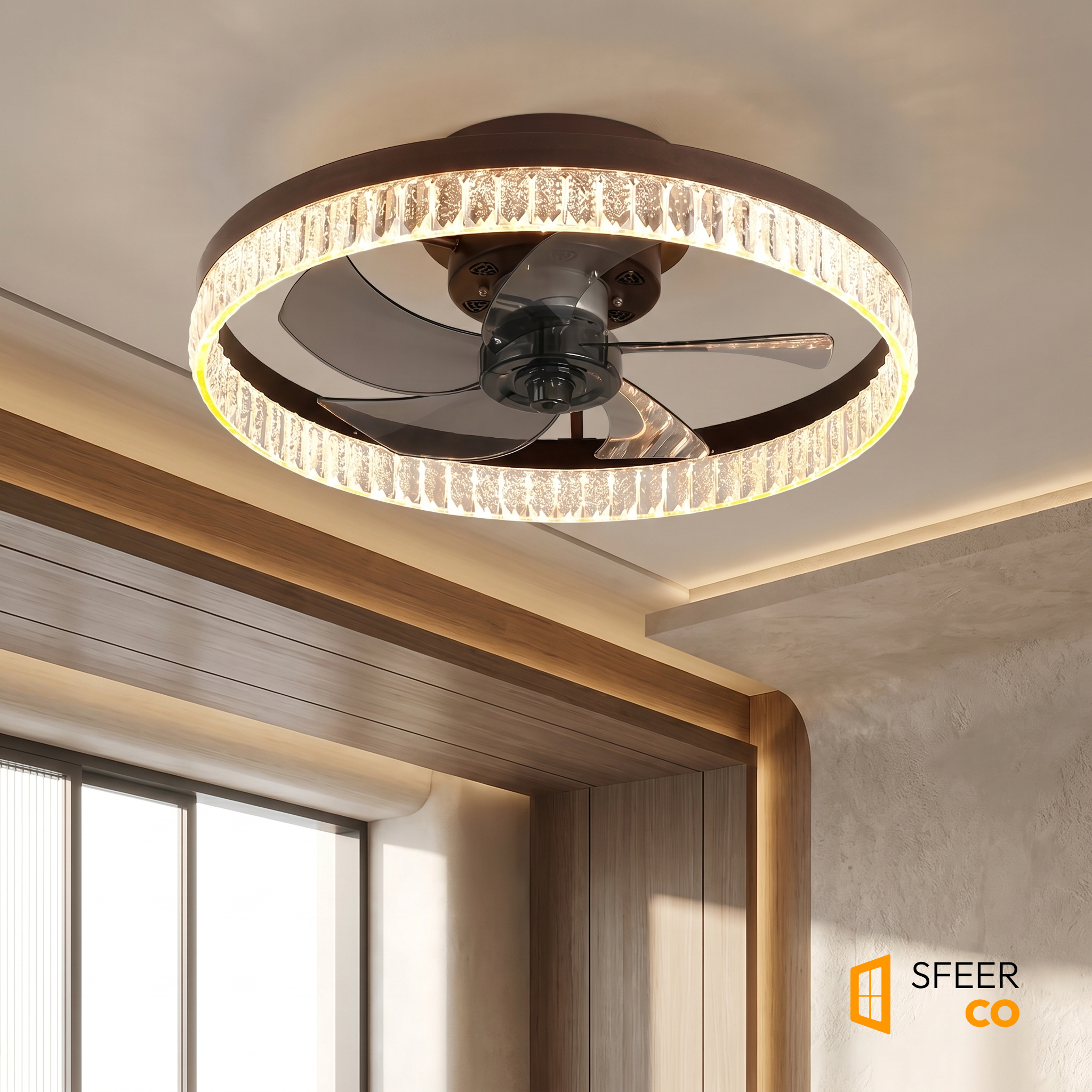 Sfeerco Cristal crystal LED ceiling fan light installed in luxury living room with coffered ceiling