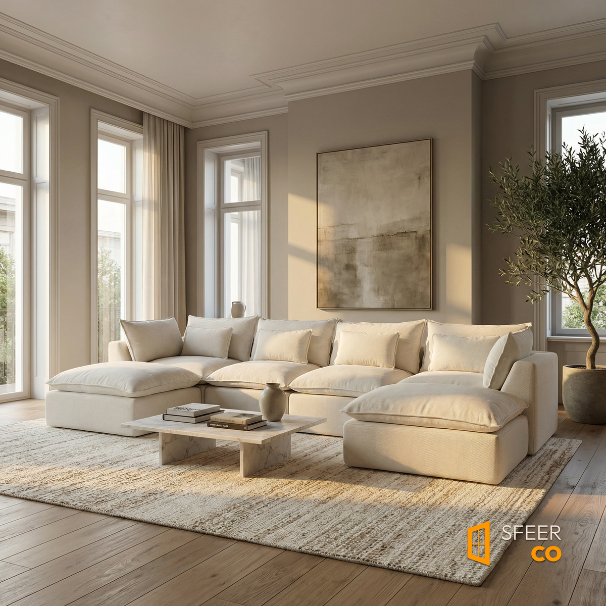 Sfeerco Cumulo modular cloud sectional sofa in premium living room with warm natural light and wood accents