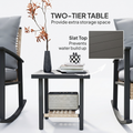 Infographic showing two-tier storage shelf and slat top water-resistant surface of Sfeerco Deco bistro coffee table