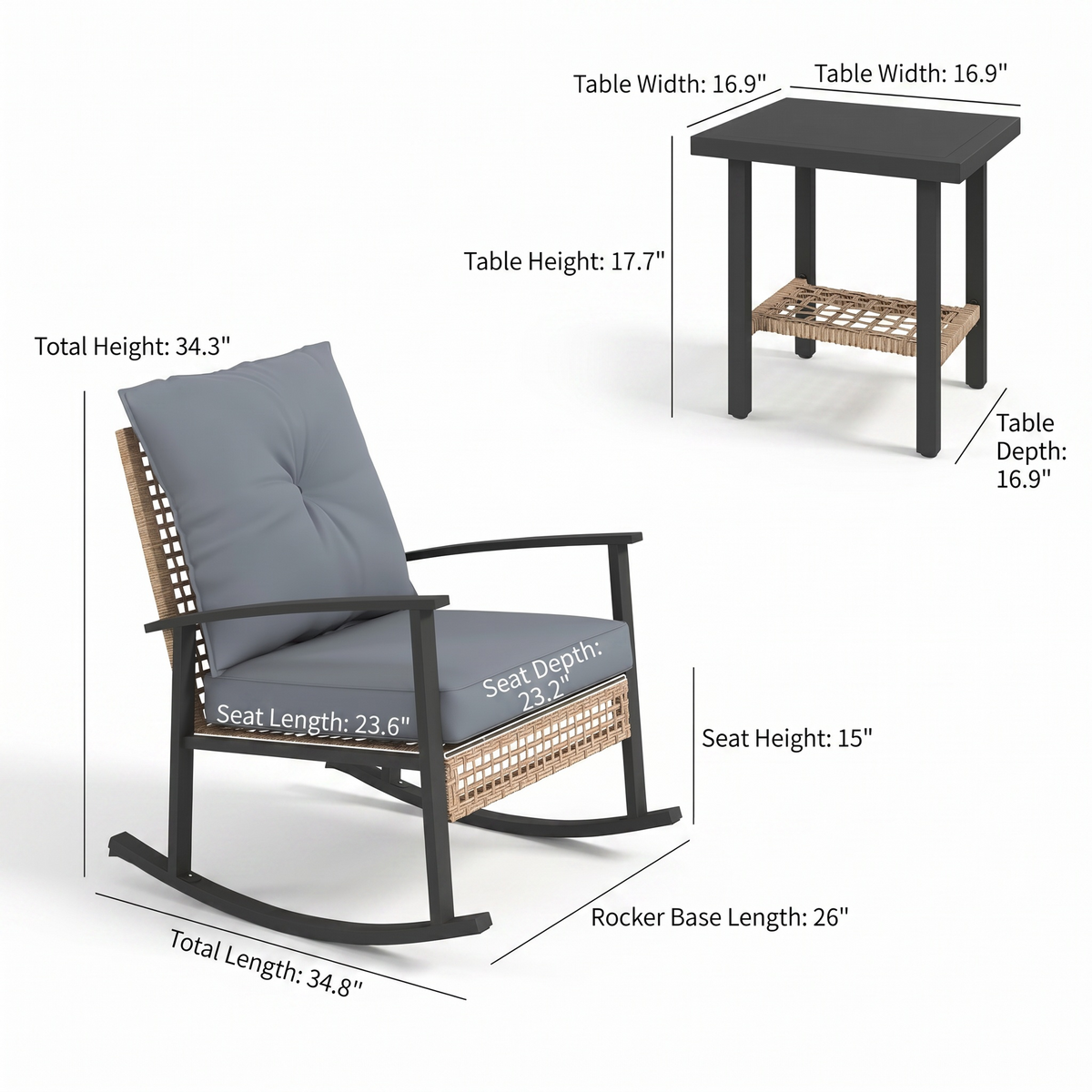 Product dimensions diagram of Sfeerco Deco outdoor rocking chair and coffee table with measurements