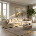 Sfeerco Dune modular chenille sectional sofa in premium living room with warm natural light and olive tree