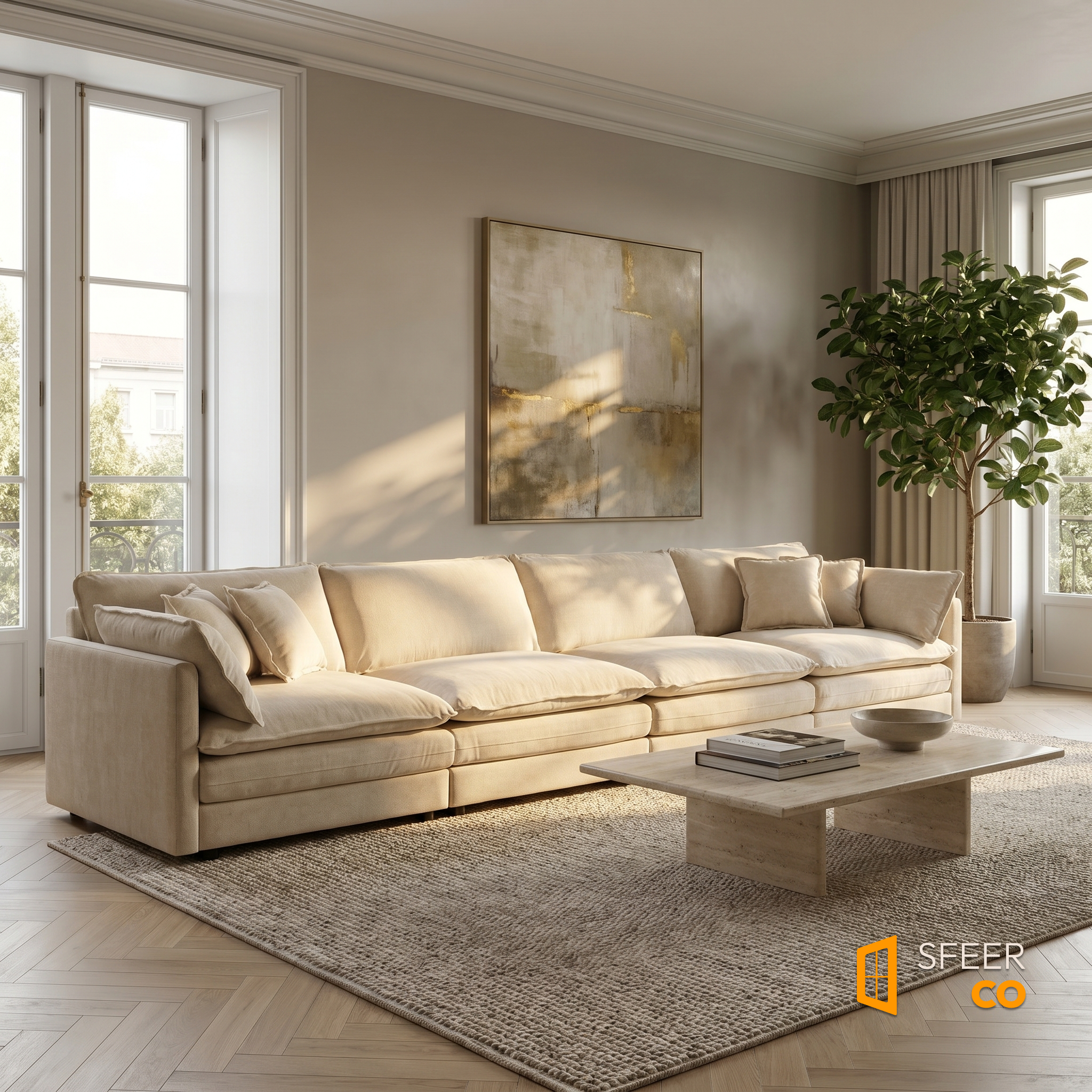 Sfeerco Dune modular chenille sectional sofa in premium living room with warm natural light and olive tree