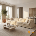 Sfeerco Dune beige chenille sectional sofa angled view in bright minimalist living room with coffee table