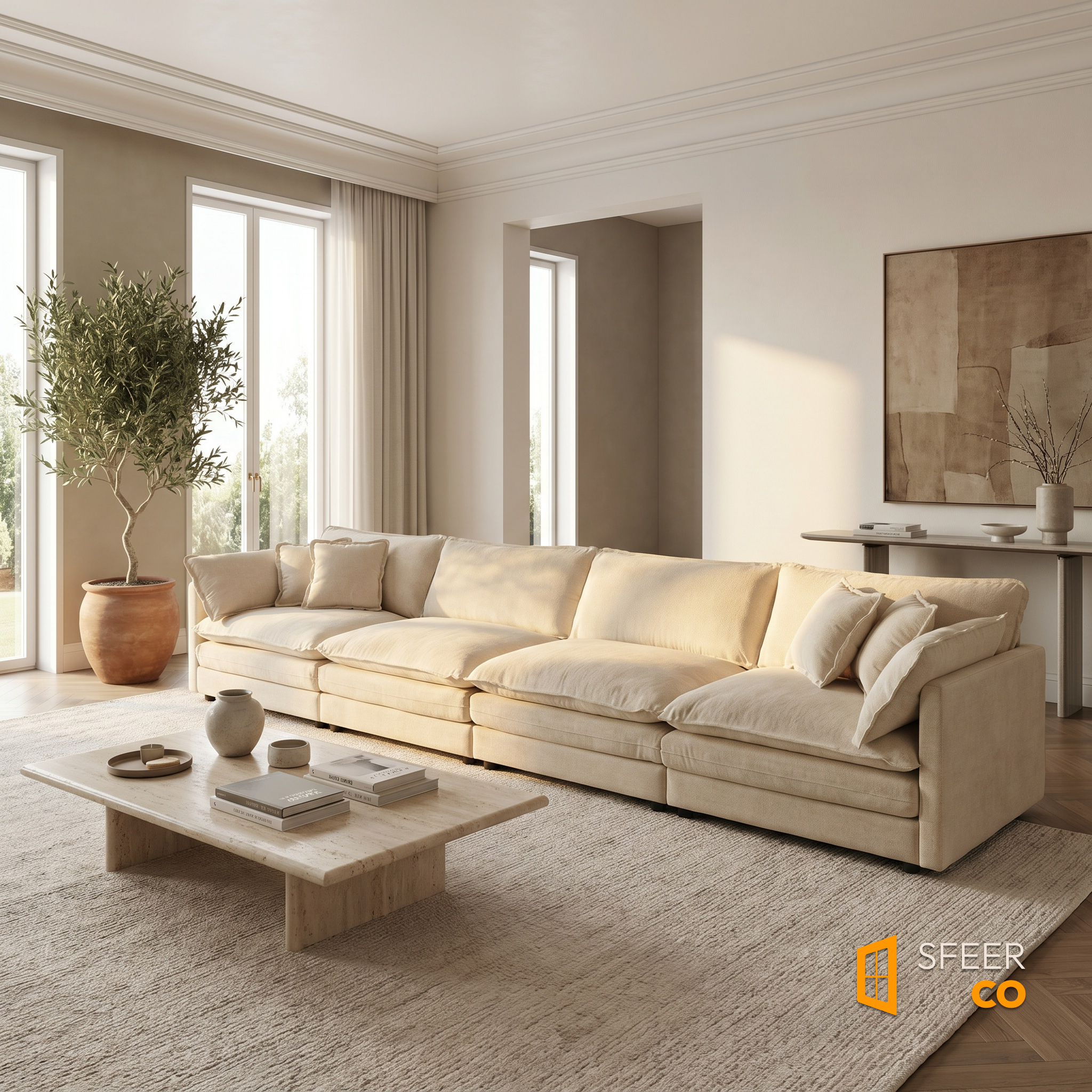 Sfeerco Dune beige chenille sectional sofa angled view in bright minimalist living room with coffee table