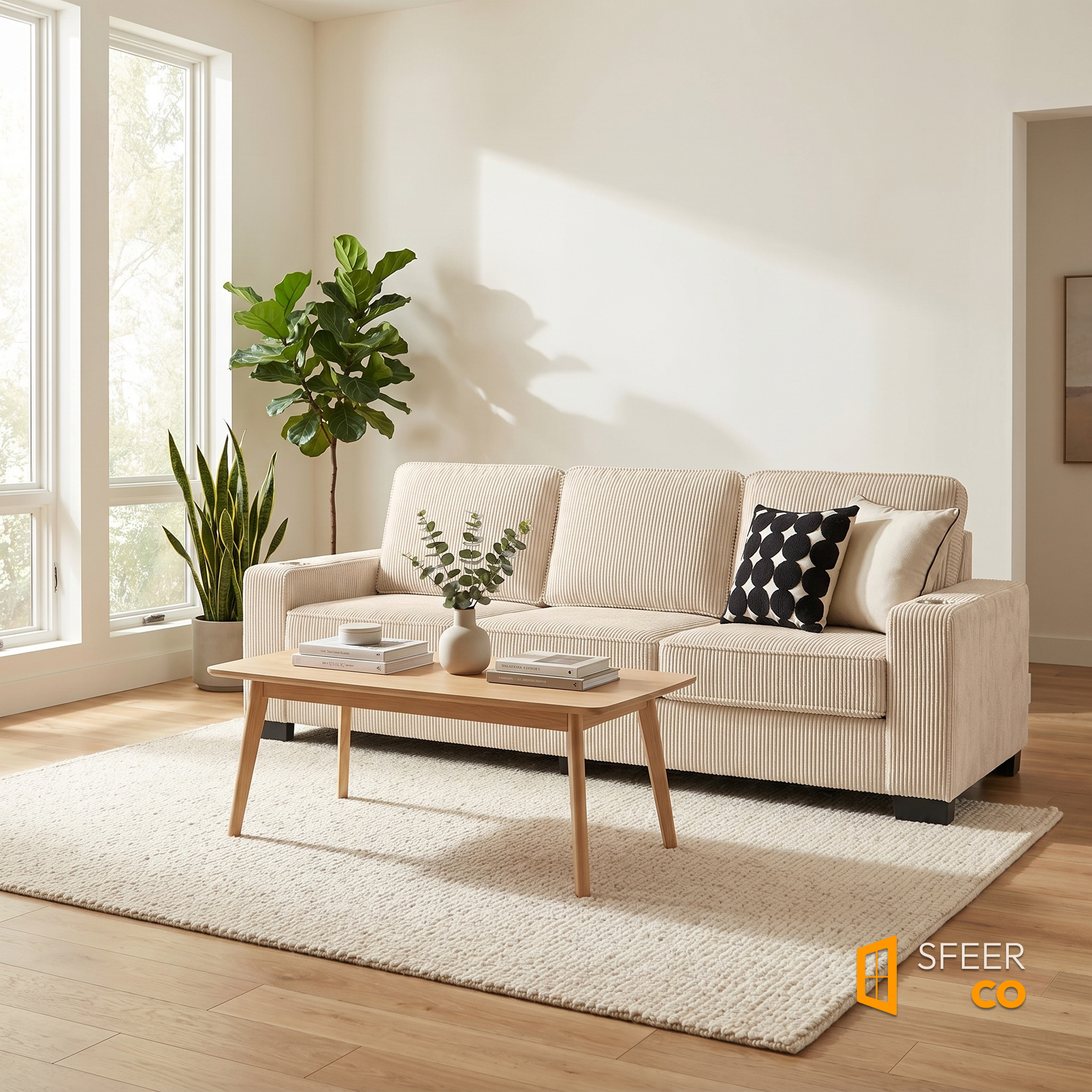 Sfeerco Fuzo beige sofa styled in bright Scandinavian living room with plants and coffee table