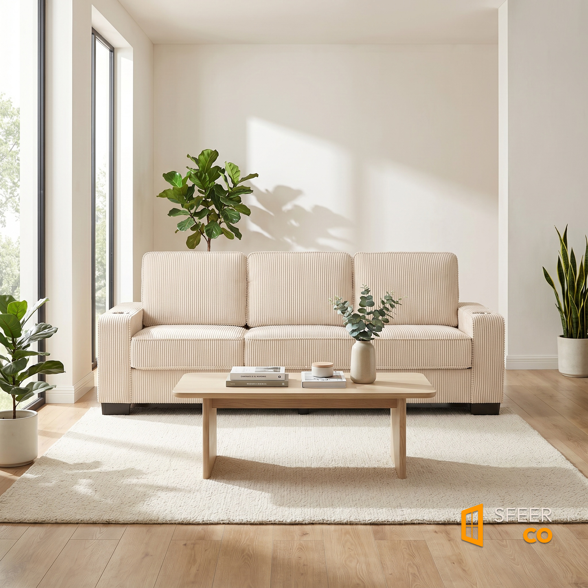 Sfeerco Fuzo 3-seater sofa in sunlit modern living room with wooden coffee table