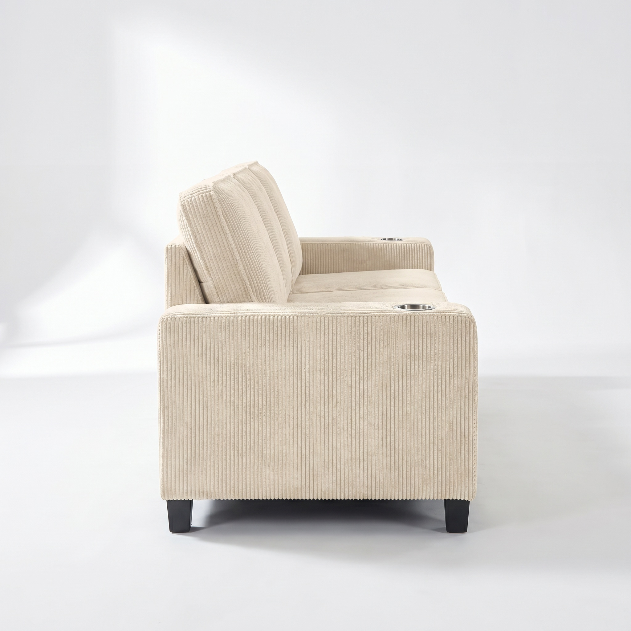 Side view of Sfeerco Fuzo beige corduroy 3-seater sofa showing armrest cup holder