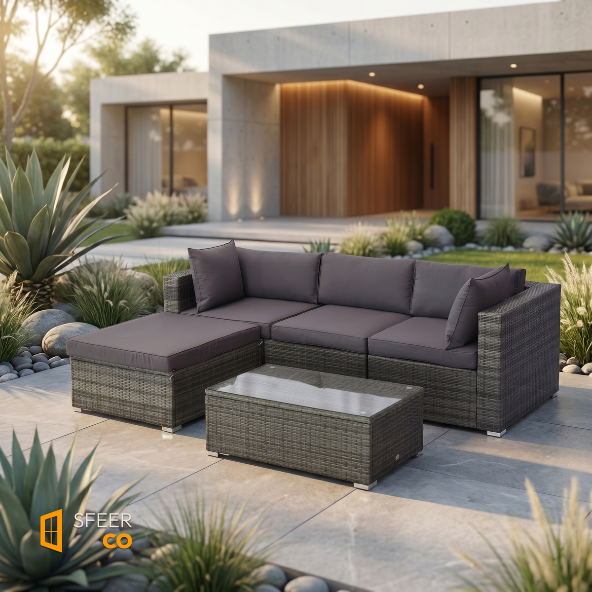 Sfeerco Grove 5-piece wicker sectional patio sofa set charcoal gray modern luxury outdoor