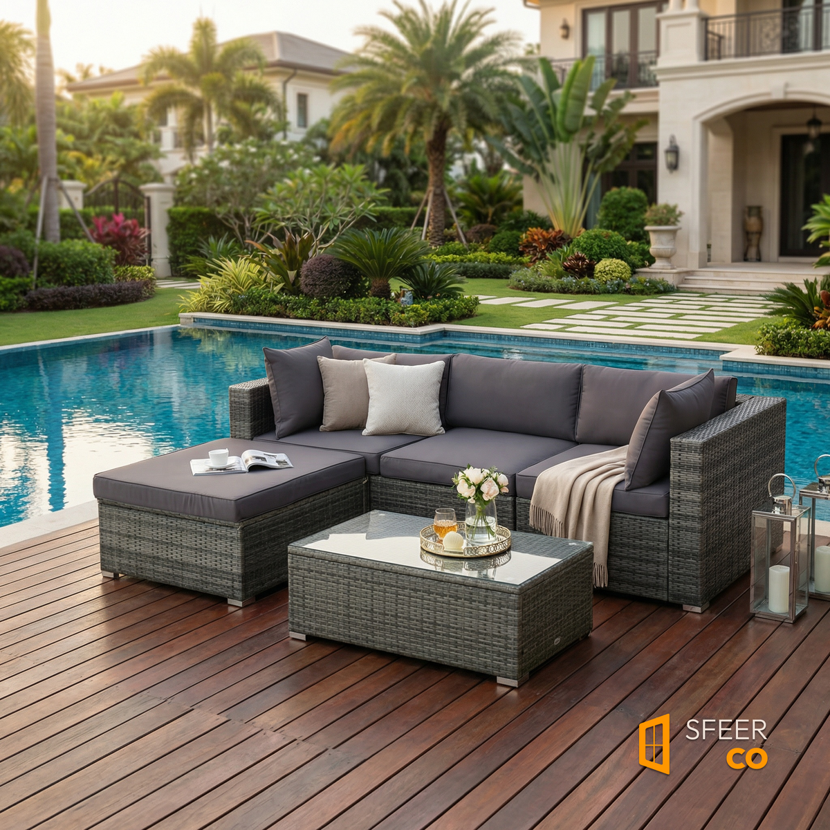 Sfeerco Grove wicker sectional patio sofa set gray poolside luxury outdoor setting