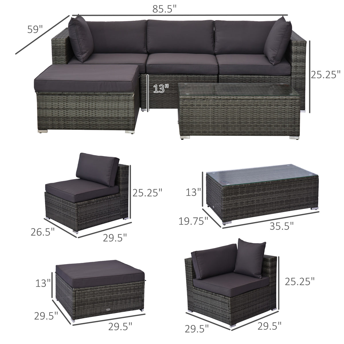 Sfeerco Grove 5-piece wicker sectional patio set dimensions size guide corner standalone table