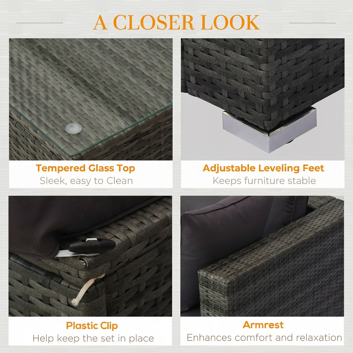 Sfeerco Grove tempered glass top adjustable leveling feet plastic clip armrest detail wicker sectional