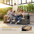Family relaxing on Sfeerco Haven wicker patio sofa comfortable cushions convenient side tray tables