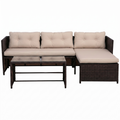Sfeerco Laguna 3-piece outdoor rattan L-shaped sectional sofa set with chaise lounge and glass table in beige on white background