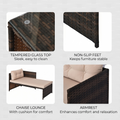 Feature highlights of Sfeerco Laguna outdoor sofa set showing tempered glass top, non-slip feet, chaise lounge and armrest details