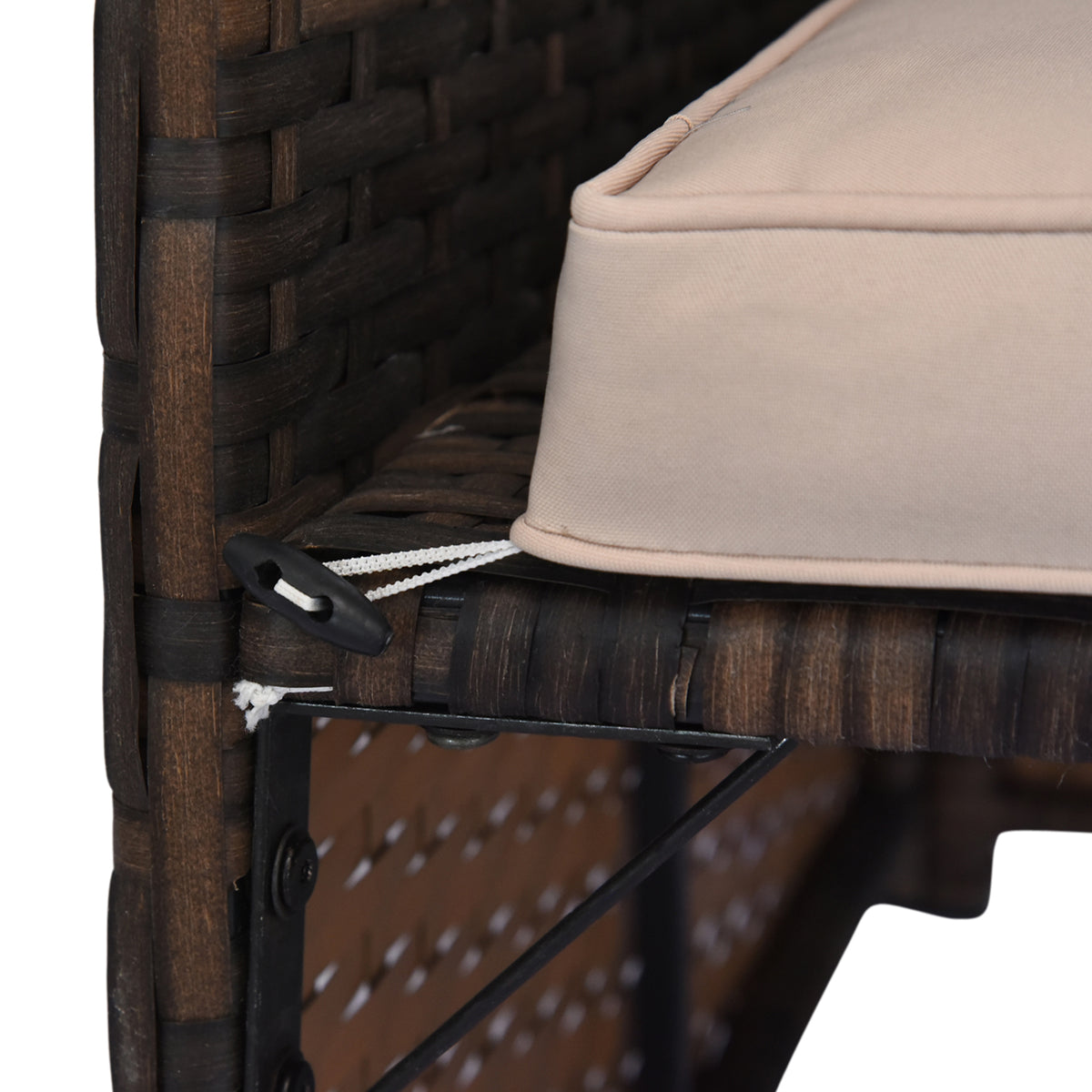 Close-up of brown PE rattan weave and steel frame detail on Sfeerco Laguna outdoor sofa set